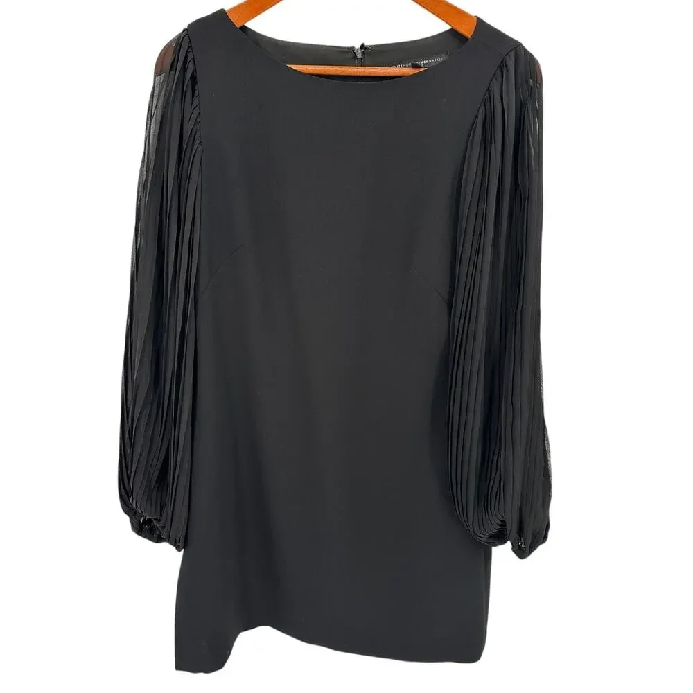 WHITE HOUSE BLACK MARKET Black Boatneck Pleated Sleeve Shift Dress // 4